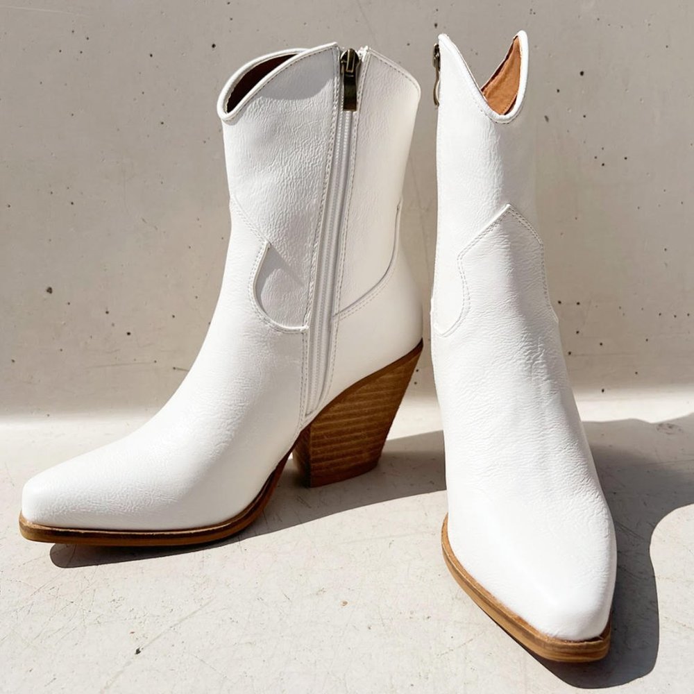 NEW Pointy Toe Stack Block Heel Western Curved Mid Ankle Booties Boots Off White - Picture 3 of 13